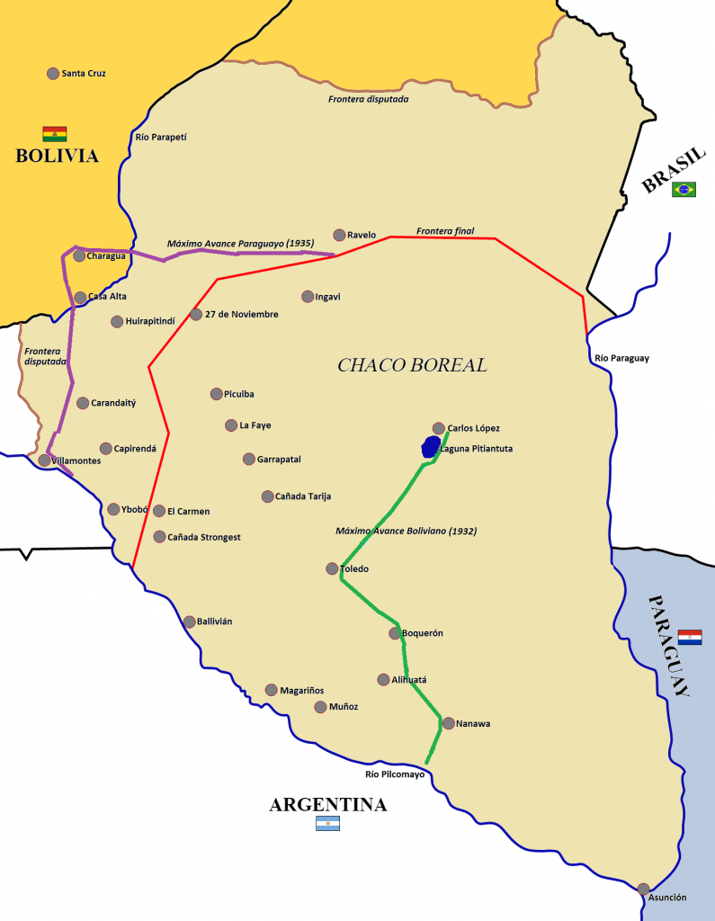 Mapa de la Guerra del Chaco (1932-1935) entre Bolivia y Paraguay.